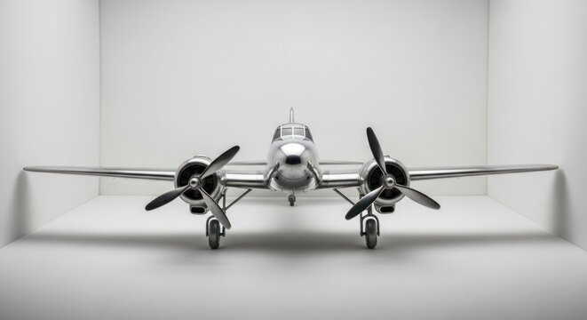 Silver twin-engine propeller plane centered in a white box - Powered by Adobe