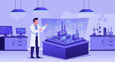 Innovative scientist reviewing a virtualized industrial manufacturing plant design model