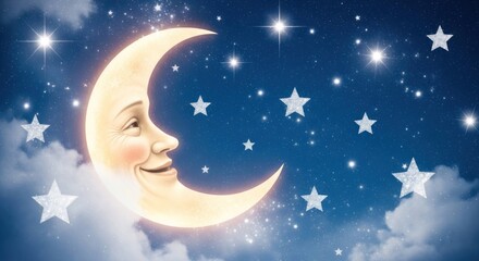 Smiling crescent moon with a face surrounded by stars in a night sky