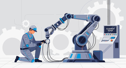Maintenance engineer repairing robotic arm equipment in industrial automation setting