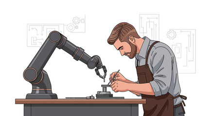 Man and robotic arm working on precision assembly in a tech enhanced workshop setup
