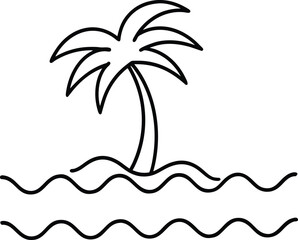 Palm Island with Ocean Waves Line Art Drawing Vector Illustration
