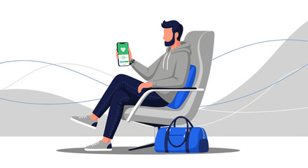 Man checking heart rate on a smart phone app while relaxing on a modern chair at home illustrating