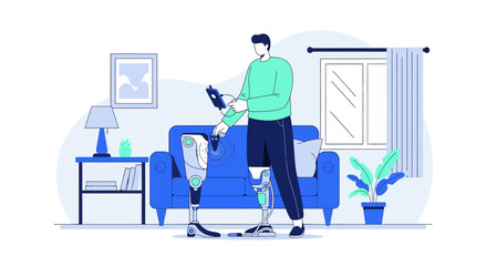Man controlling prosthetic legs with tablet in living room showcasing advanced technology for