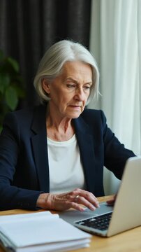 Serious mature older adult woman watching training webinar on laptop working from home or in office. 60s middle aged businesswoman taking notes while using computer technology sitt.