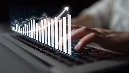 A professional workspace scene with hands typing on a laptop, featuring an overlay of a growth graph, symbolizing progress in data-driven business strategies. Copula