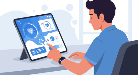 Man interacts with health and fitness app on tablet, digital health monitoring illustration