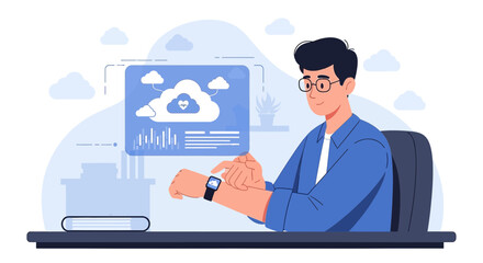Man monitoring health data on smartwatch connected to cloud computing platform