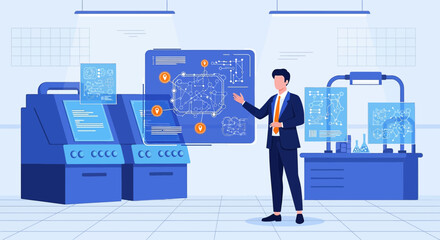 Man presenting a complex technology blueprint in a modern laboratory setting showing innovation