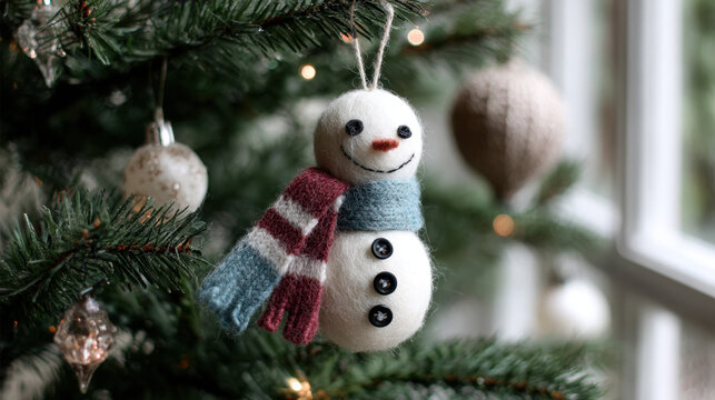Handmade wool snowman ornaments with buttons and colorful scarves hanging on Christmas tree branches