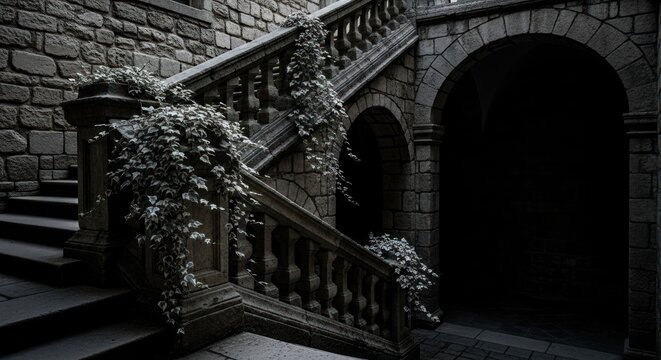 Stone staircase with ivy, leading to dark archway, castle-like architecture