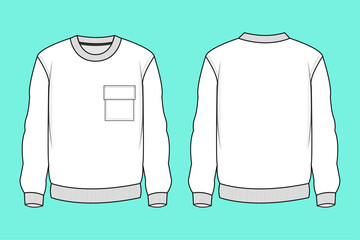 Men's Crew Neck Sweatshirt with Chest Flap Pocket Fashion Technical Flat Sketch CAD Mockup Outline. © MdAmirul