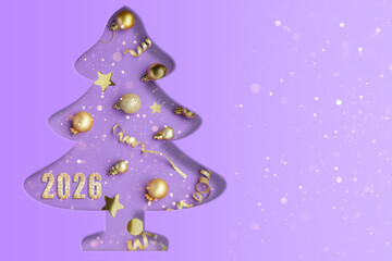 Creative Christmas and New Year card with golden festive decorations and numbers 2026, view through Christmas tree shape cutout in violet paper