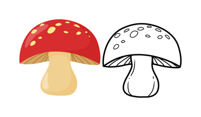 Cute Red Mushroom Illustration and Black Outline for Coloring, Kids, and Education