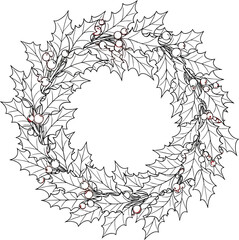 Watercolor christmas wreath with holly leaves and berries on a white background