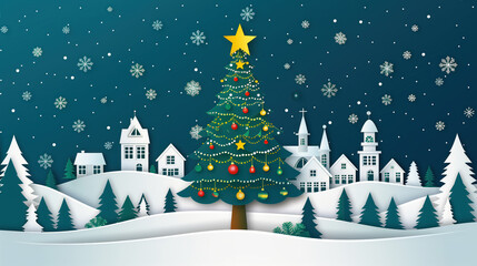 Wide banner format intricate paper-cut style Christmas village illustration with a large decorated tree, snowy houses, and white paper snow