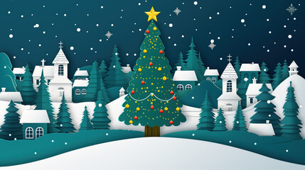 Wide banner format intricate paper-cut style Christmas village illustration with a large decorated tree, snowy houses, and white paper snow