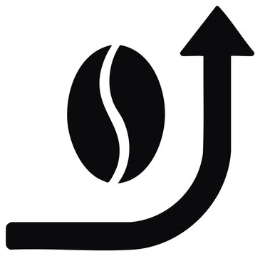 Coffee market growth concept icon with bean and rising arrow symbol showing price increase and financial trend