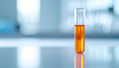 Medical sample in test tube with orange liquid, laboratory experiment setup. Scientific advancement