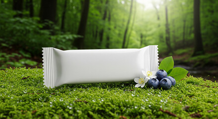 Delicious blueberries and snack bar mockup in stunning nature setting for your advertising campaign or healthy lifestyle promotion