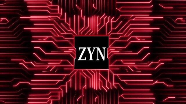 A futuristic glowing blue circuit board design with the word zyn in the center, creating a hightech and modern aesthetic suitable for technology and innovation related themes