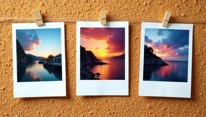 Three modern instant photos displayed on a cork noticeboard , corkboard, advertising, decor
