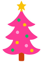 Cute pink Christmas tree with star and colorful baubles, ideal for holiday designs, celebrations, and winter themes.
