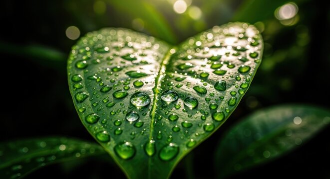 Water droplets glisten on lush, heart-shaped leaf; backlit with soft bokeh