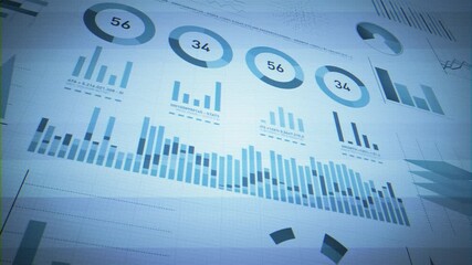 Business Stats Layout On Glitch Computer Screen/ Animation of a glitch technology textured business and market data analysis and reports, with infographics layout, bar stats, charts and diagrams - Powered by Adobe