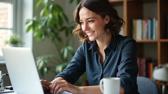 Remote work joy. Happy smiling mature businesswoman entrepreneur working on notebook at home office desk enjoy professional success in accounting paperwork overjoyed with good free.