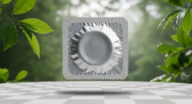 Promote safe intimacy with this condom on a natural backdrop, conveying security and well being for responsible healthcare marketing