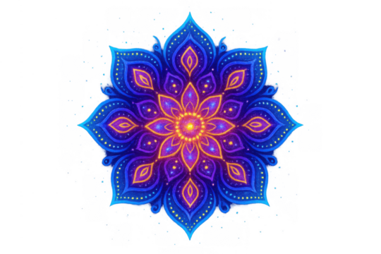 Glowing blue and purple mandala design on transparent background representing spirituality, meditation, and inner peace