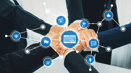 A diverse group of professionals showcasing collaboration in a digital environment, emphasizing teamwork and innovative strategies for effective advertising and marketing solutions. Amity