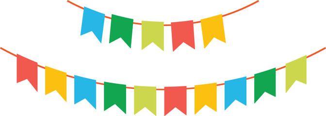 Colorful bunting flags on string for birthday party decoration, holiday anniversary fabric garland design, modern festive hanging decor. Isolated. Vector illustration