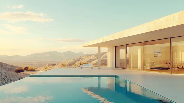 Modern luxury desert home with infinity pool experiencing sunset