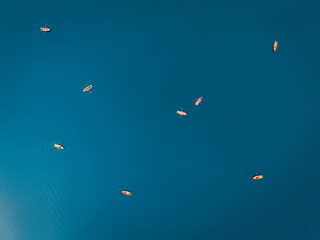 Above of wooden rowboats floating on blue lake in Pragser Wildsee at Lago di Braies, Italy
