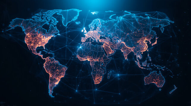 A glowing digital world map displaying global connections and data networks with a futuristic blue and orange light effect - Powered by Adobe