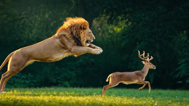 Lion chasing a deer in the forest, a thrilling wildlife encounter scene