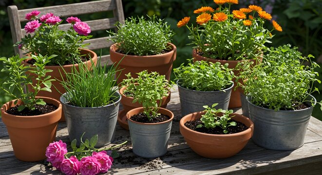 Variety of potted plants on a wooden table in a garden setting