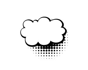 Blank comic cloud speech bubble with halftone dots, empty cartoon dialog balloon template for text, retro pop art style message cloud on white background for comic design or illustration.