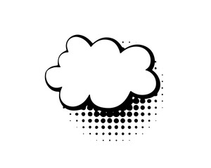 Blank comic cloud speech bubble with halftone dots, empty cartoon dialog balloon template for text, retro pop art style message cloud on white background for comic design or illustration.