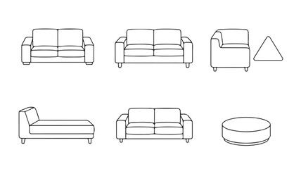 Vector illustration set of furniture icons and transport symbols including car, truck, bus, and sofa collection