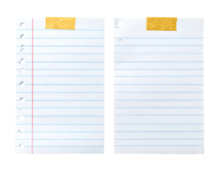 Two ruled paper sheets, one with letters, taped at top