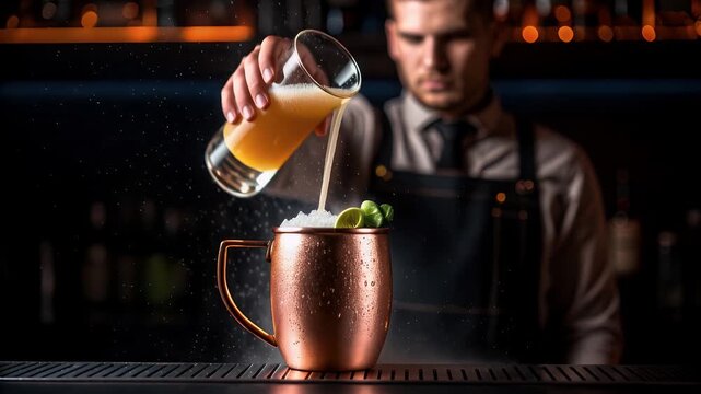 Moscow mule cocktail copper mug bartender pouring ginger beer lime garnish bar counter night moody light craft drink refreshing beverage alcohol bar