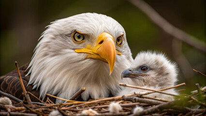 Obraz premium Bald eagles nest scene shows fierce parent with fluffy chick in woodland light, tender bond and wild care captured with sharp detail and calm mood
