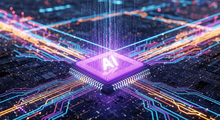 Futuristic ai chip with glowing circuits and data streams, symbolizing advanced technology and artificial intelligence progress