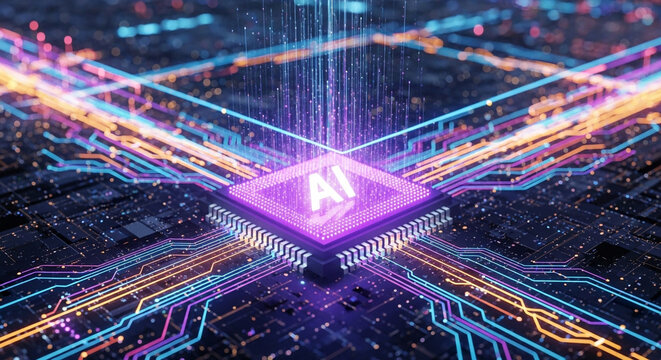 Futuristic ai chip with glowing circuits and data streams, symbolizing advanced technology and artificial intelligence progress