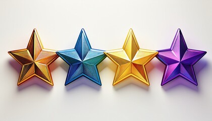 four colorful stars rating two gold two purple one blue isolated on white background symbolizing review feedback evaluation and quality with playful vibrant mood