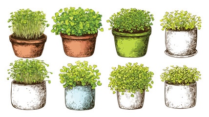 Fresh Micro Green Growing in Pots Vector Set with Outline