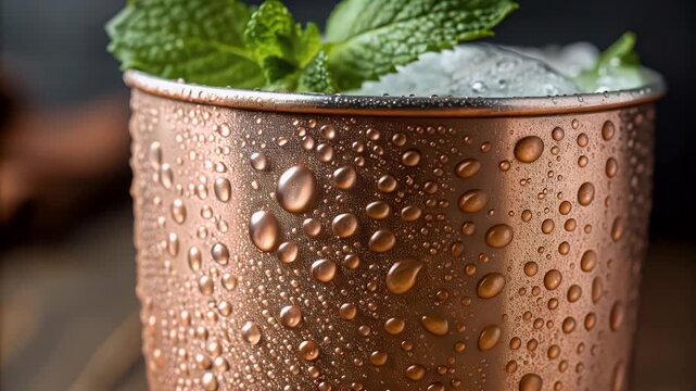 Chilled copper cup with ice mint condensation closeup refreshment beverage summer vibe bar mood close up copper mug mint garnish cold ice cocktail